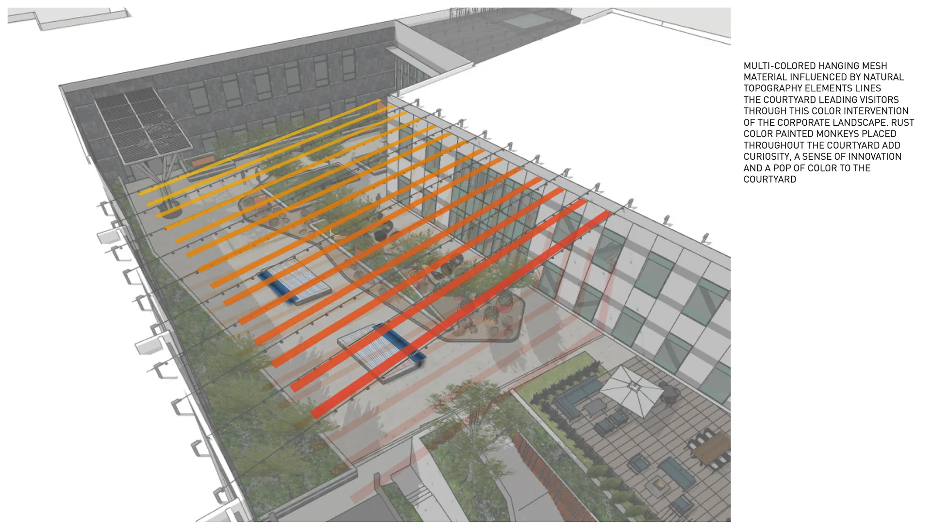 Aerial rendering of the courtyard with diagonal orange and yellow hanging mesh lines representing the topography-inspired color intervention