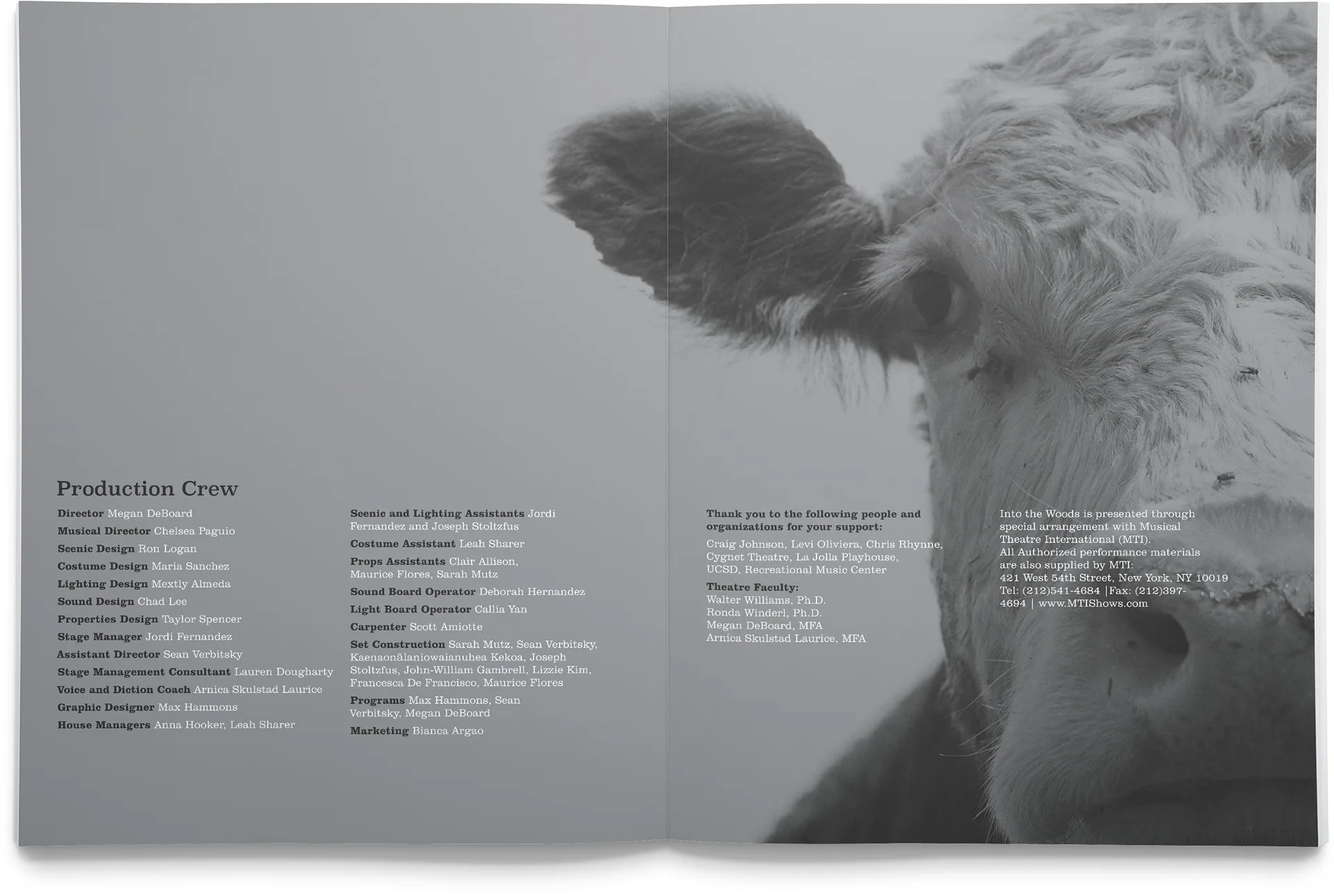Into the Woods program spread with the production crew list and a close-up cow photo
