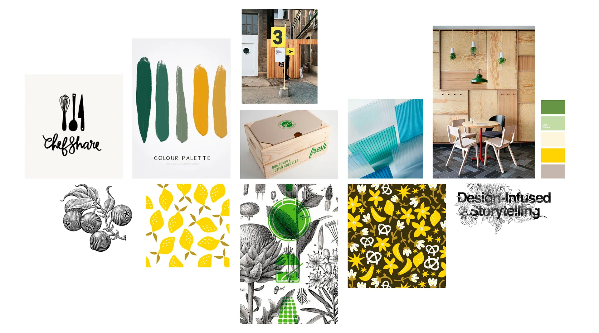 Mood board referencing Chef's Share branding, a produce box, botanical illustrations, and a green-and-gold color palette