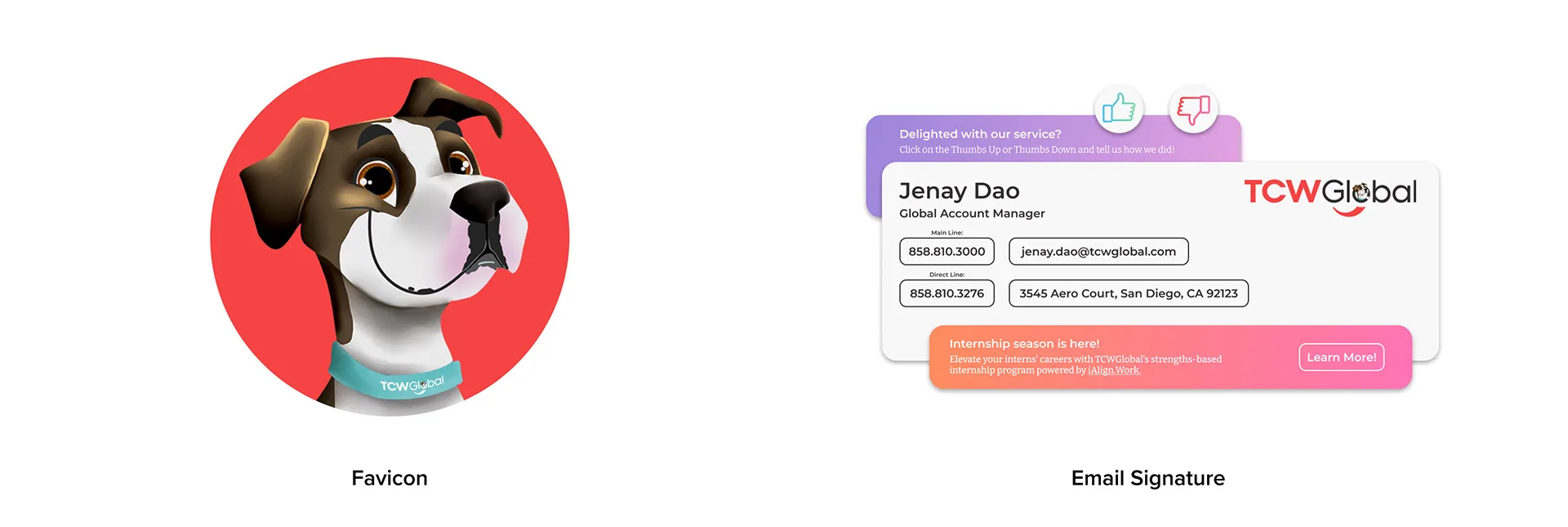 TCWGlobal dog mascot favicon icon beside an email signature template for a Global Account Manager