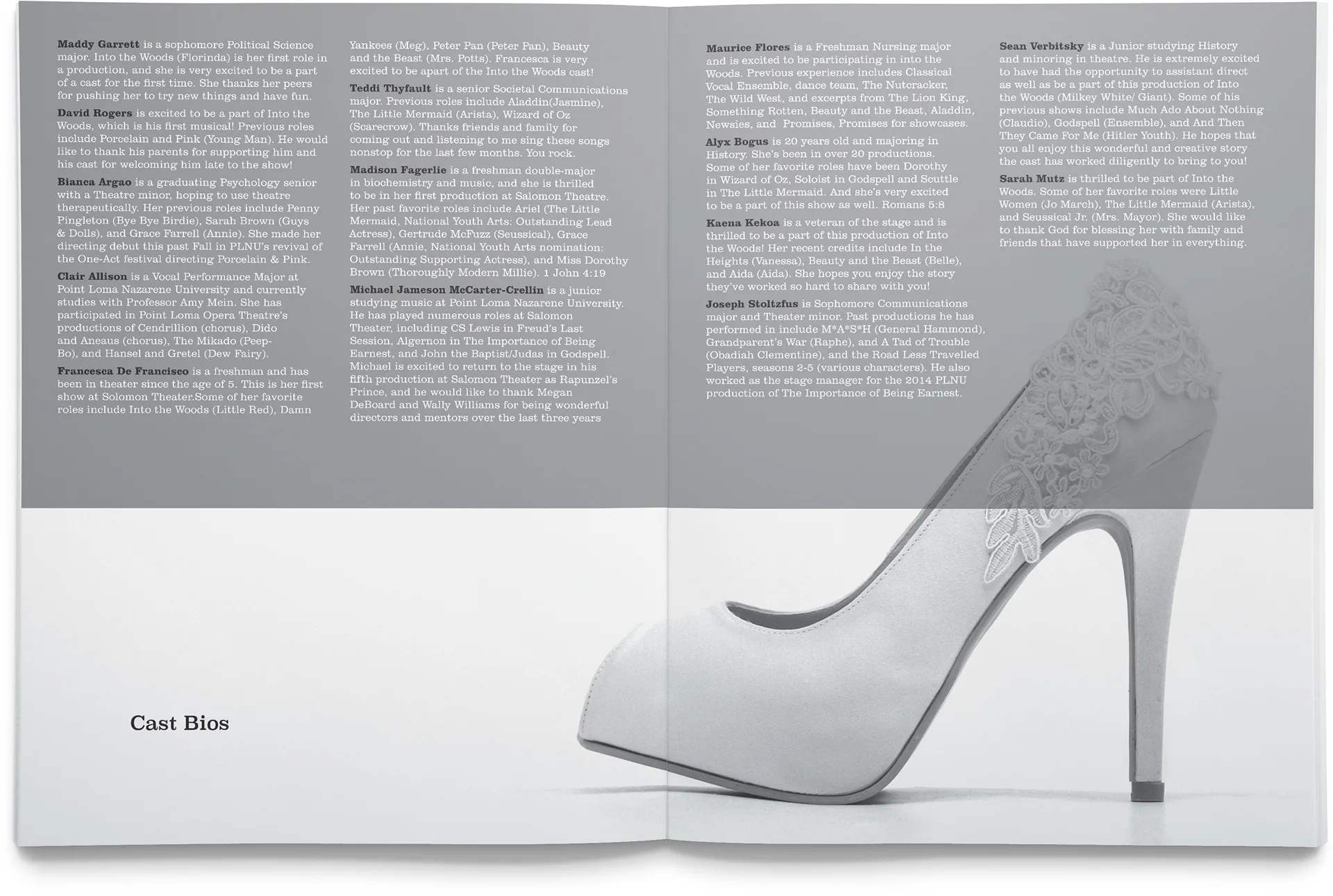 Into the Woods program spread with cast bios beside a yellow lace-trimmed high heel shoe