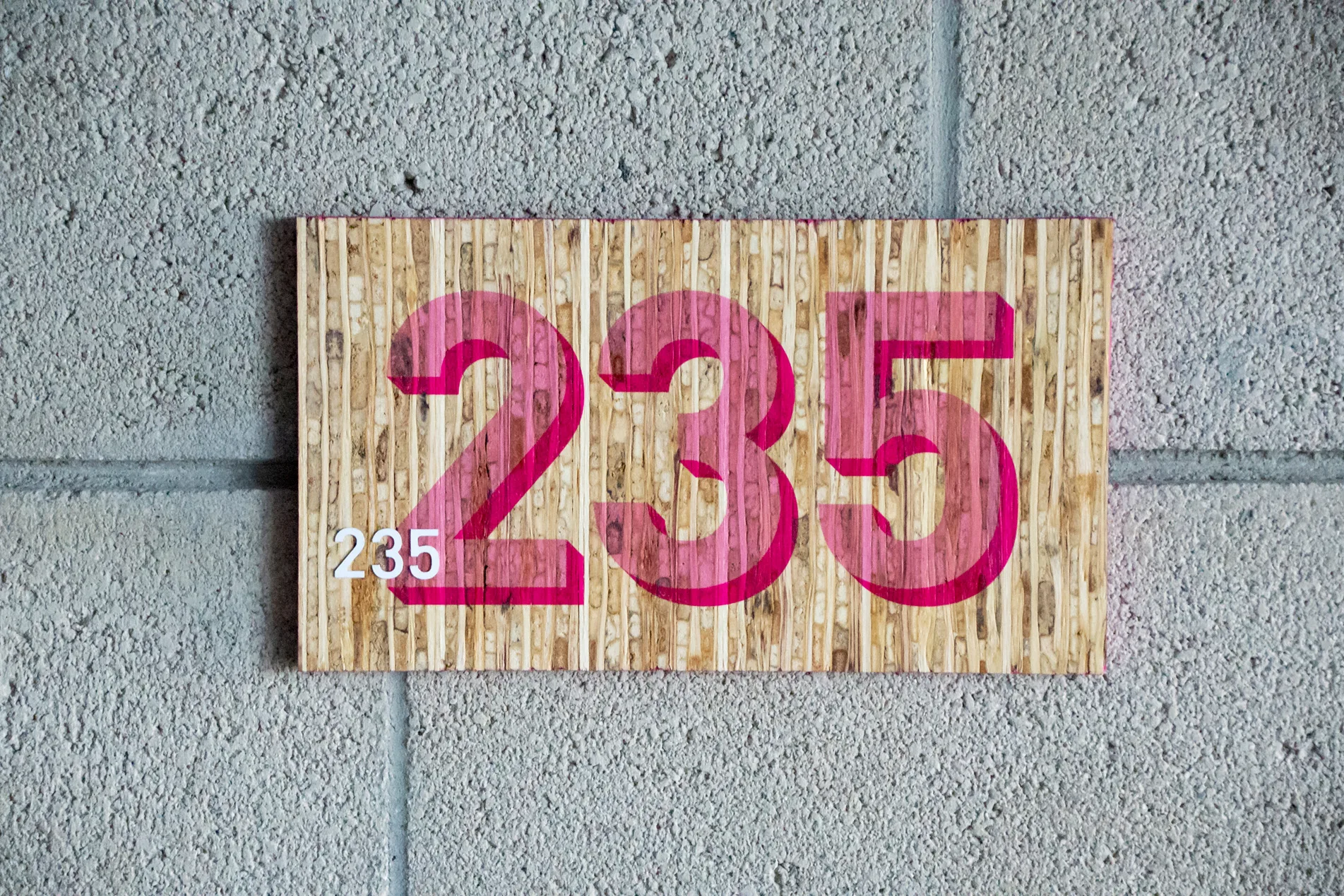 Room number 235 signage in pink overlapping numerals on a wood-grain panel against a concrete block wall